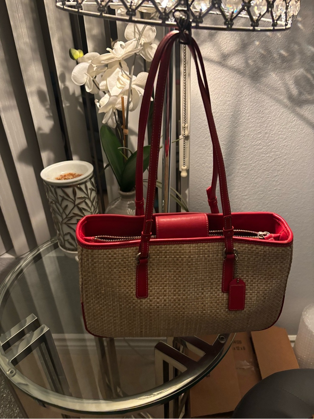 Coach Straw Tote with Red Leather Trim and Handles
